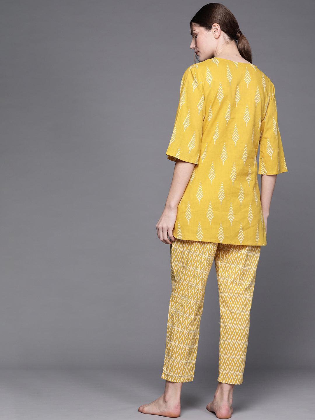 Yellow Printed Cotton Night Suit - ShopLibas