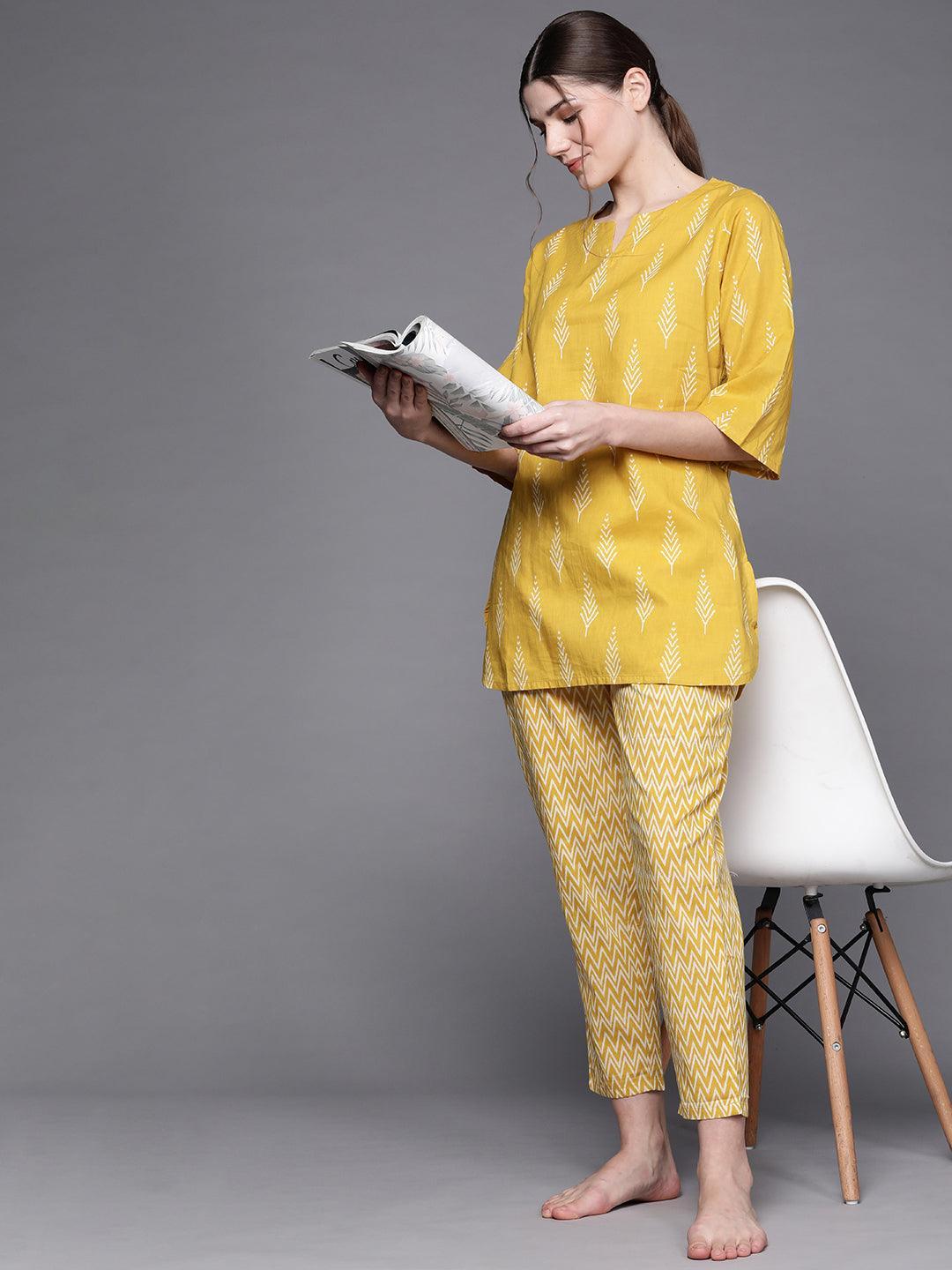 Yellow Printed Cotton Night Suit - ShopLibas