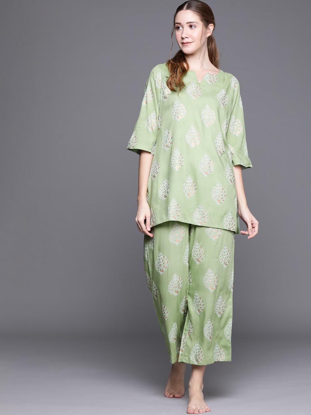 Green Printed Rayon Night Suit - ShopLibas