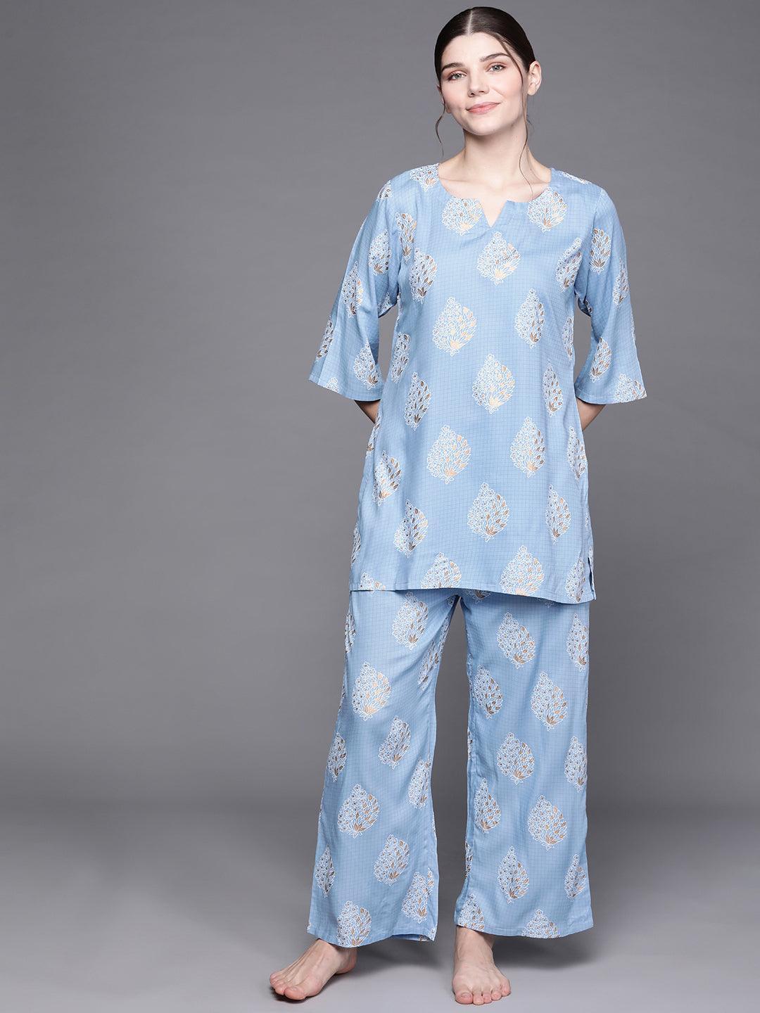 Blue Printed Rayon Night Suit