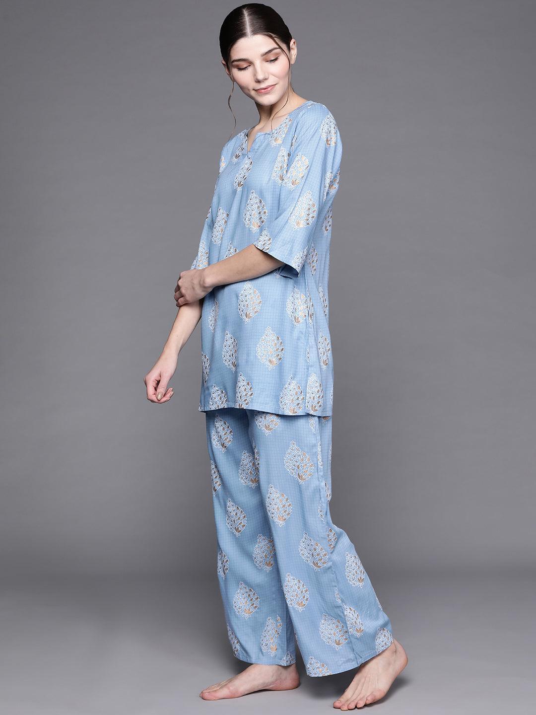 Blue Printed Rayon Night Suit