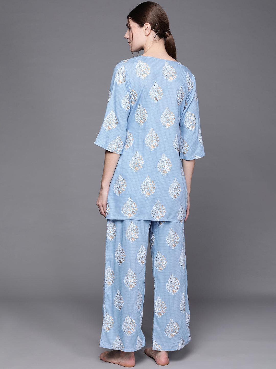 Blue Printed Rayon Night Suit