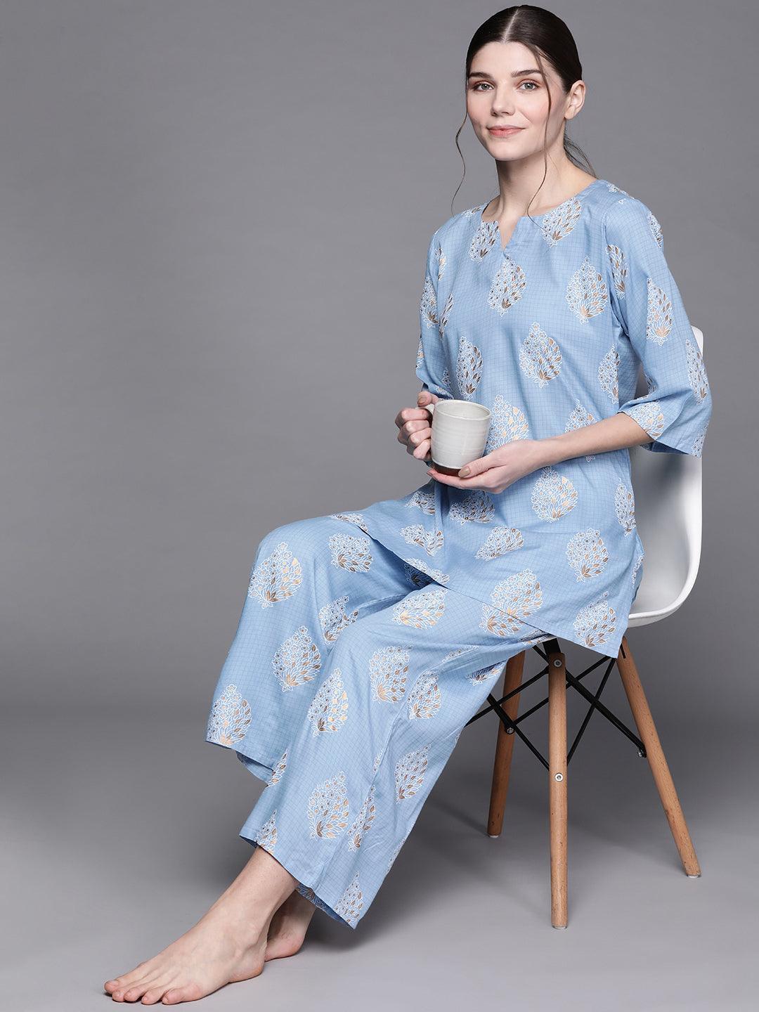 Blue Printed Rayon Night Suit