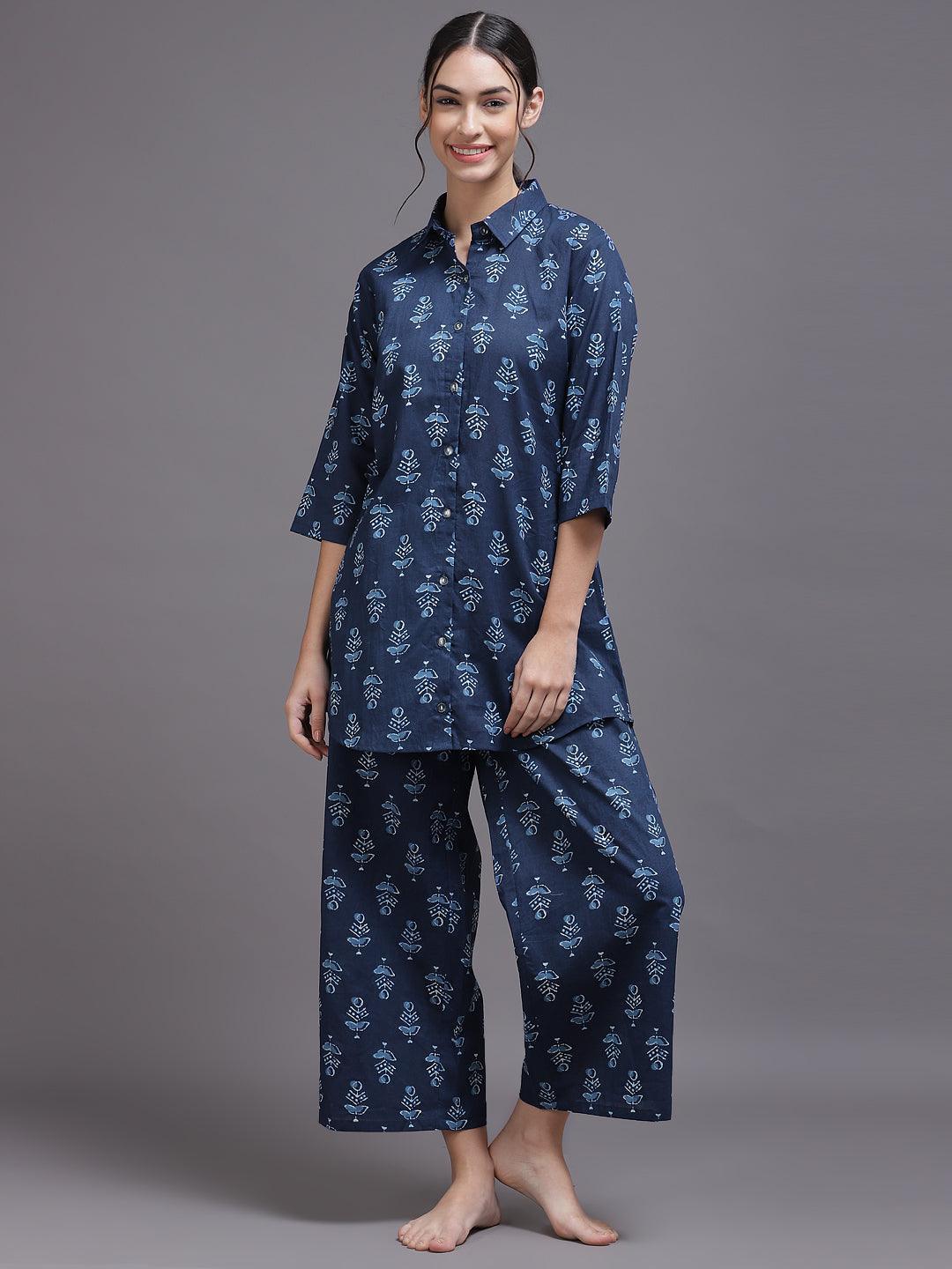 Blue Printed Rayon Night Suit