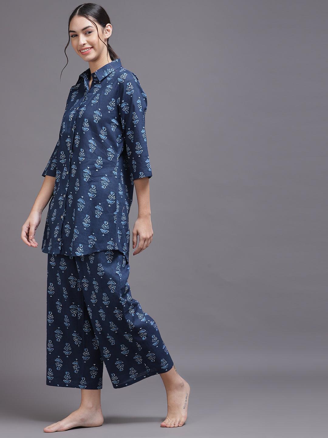 Blue Printed Rayon Night Suit