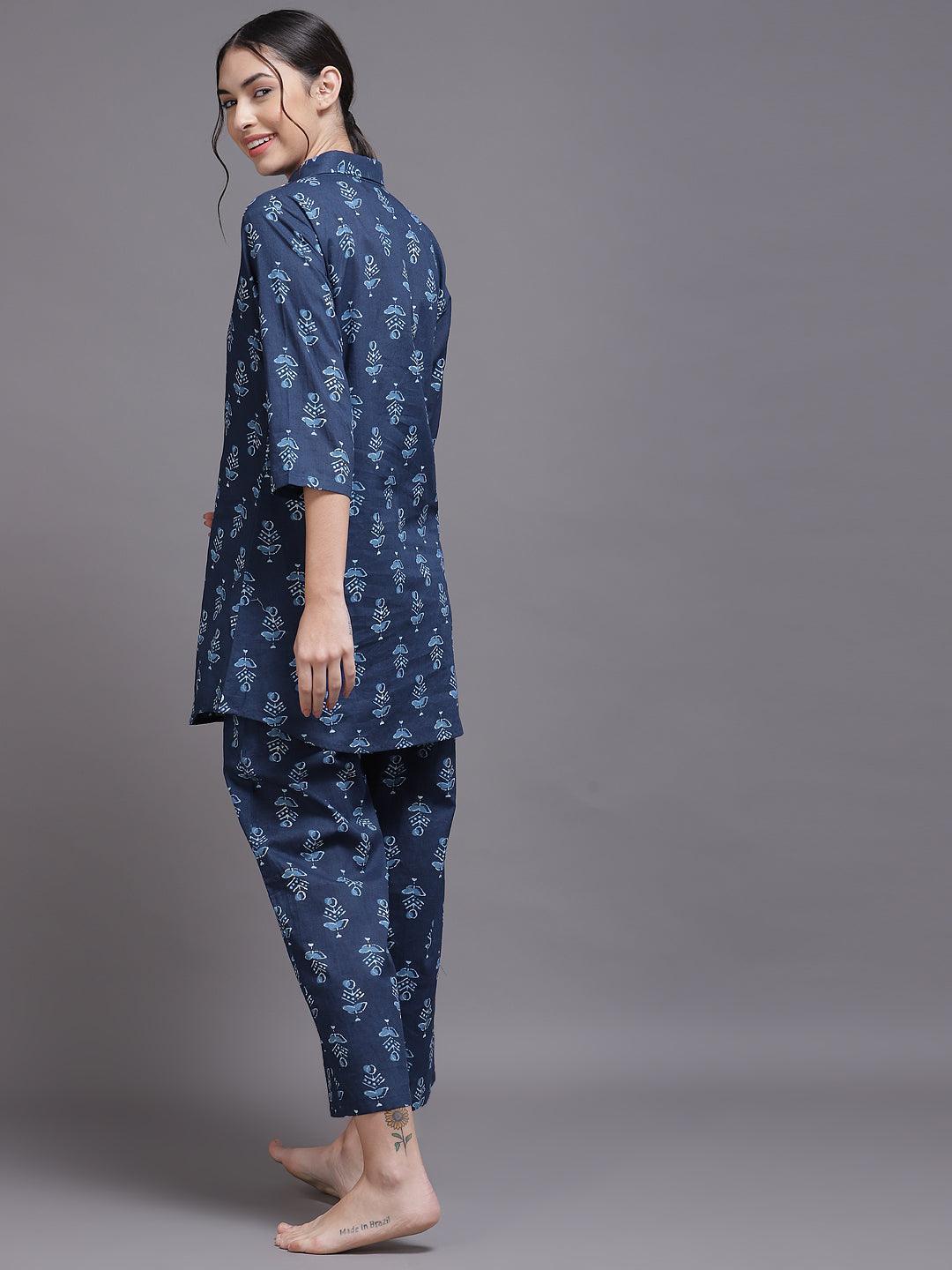 Blue Printed Rayon Night Suit