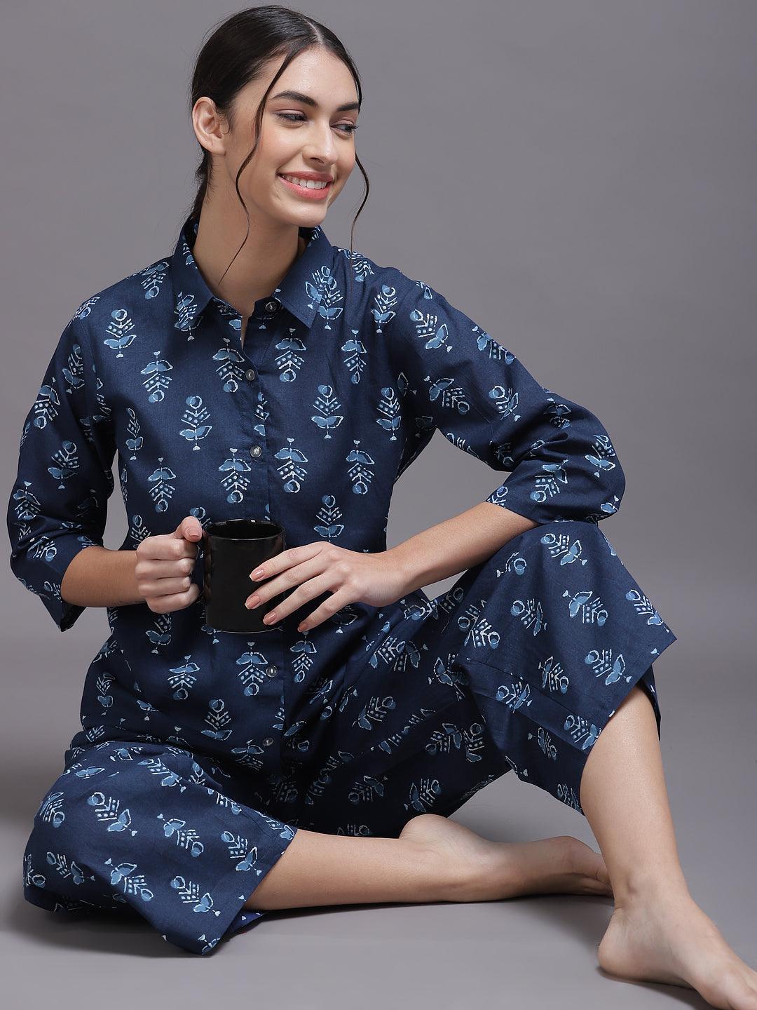 Blue Printed Rayon Night Suit