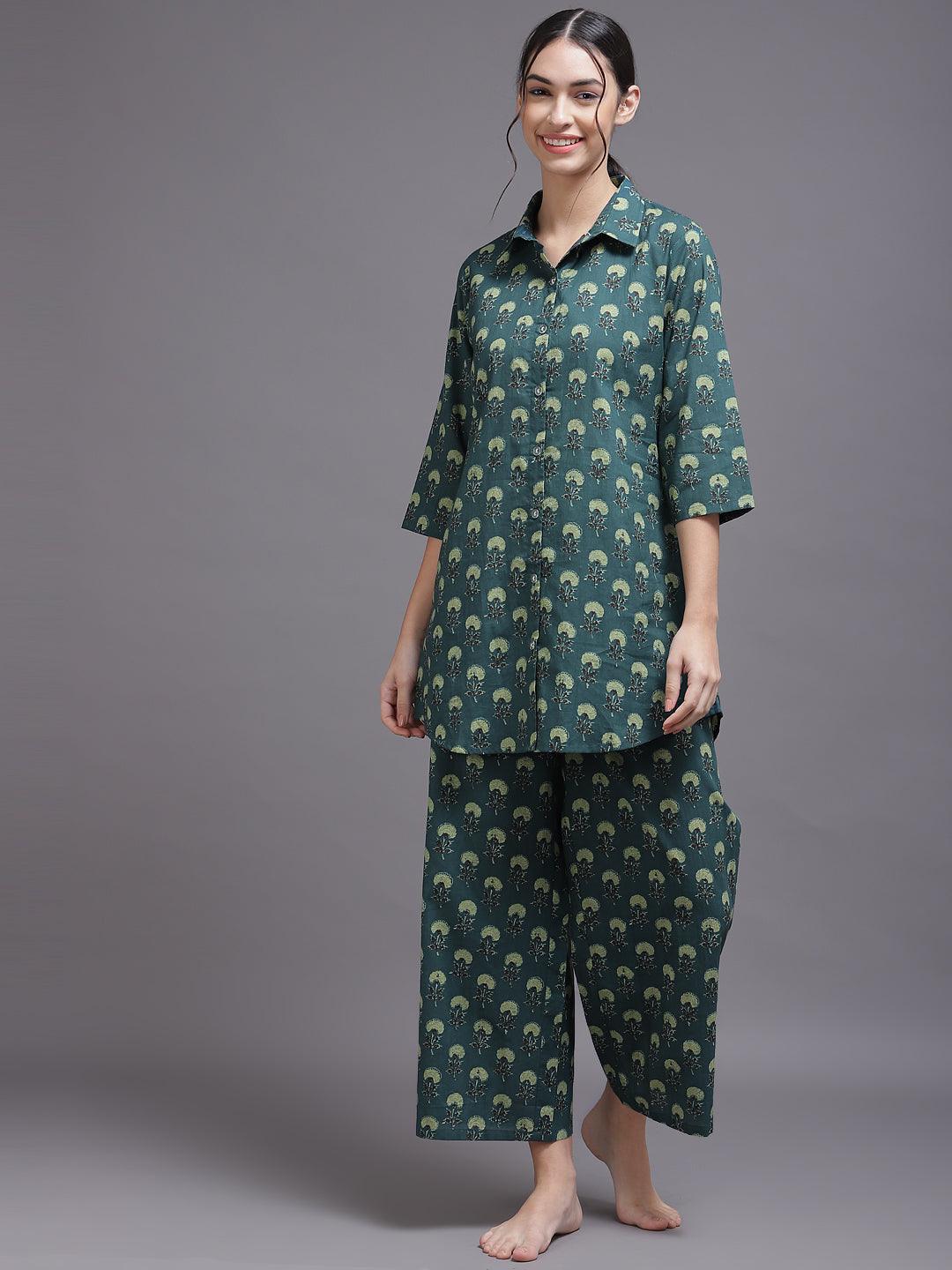 Blue Printed Cotton Night Suit