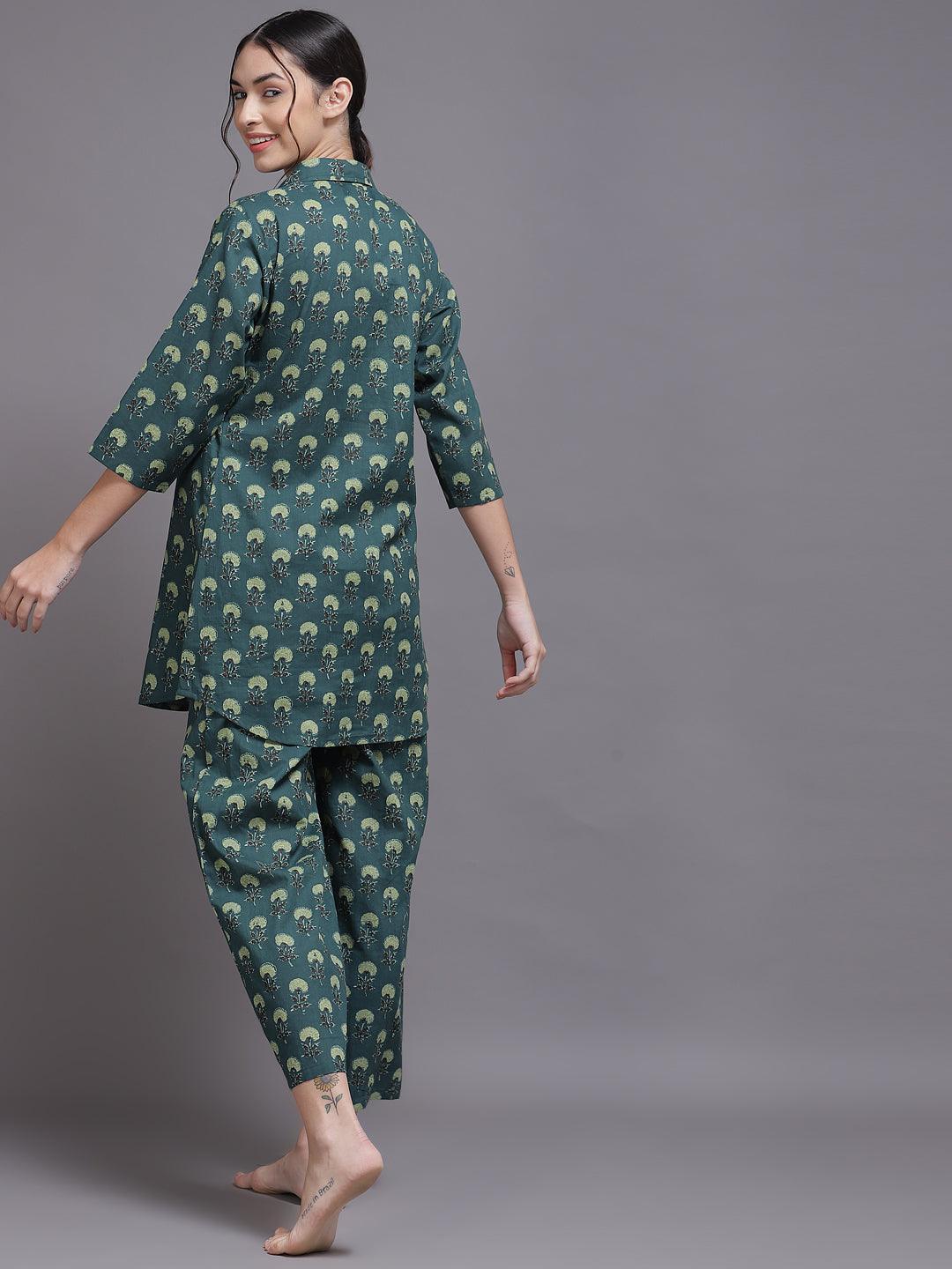 Blue Printed Cotton Night Suit