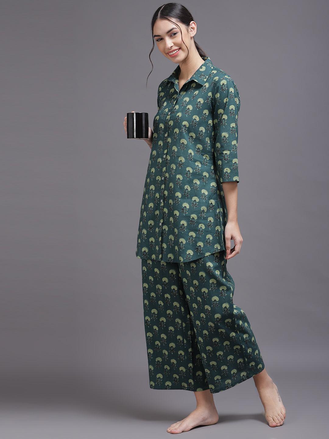 Blue Printed Cotton Night Suit