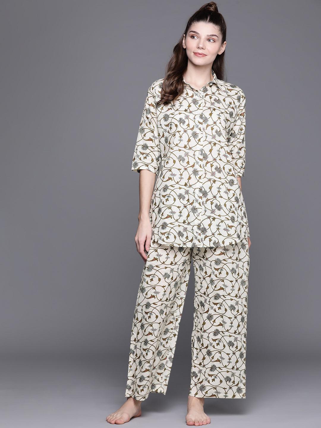 White Printed Cotton Night Suit