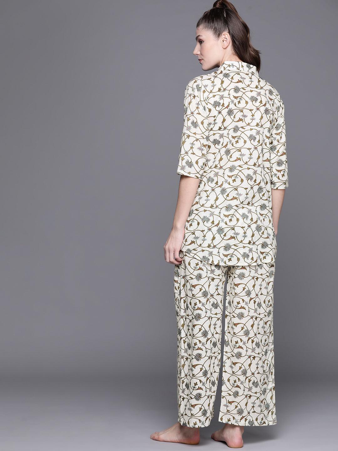 White Printed Cotton Night Suit