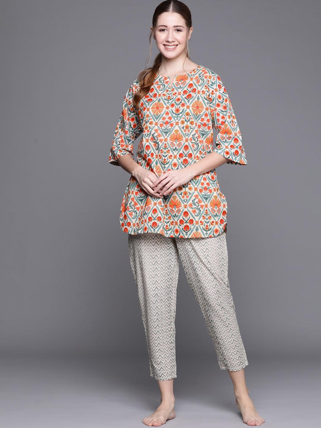 Multicoloured Printed Cotton Night Suit