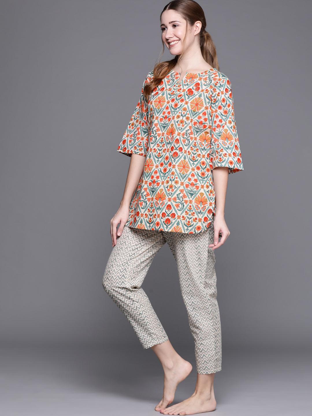 Multicoloured Printed Cotton Night Suit