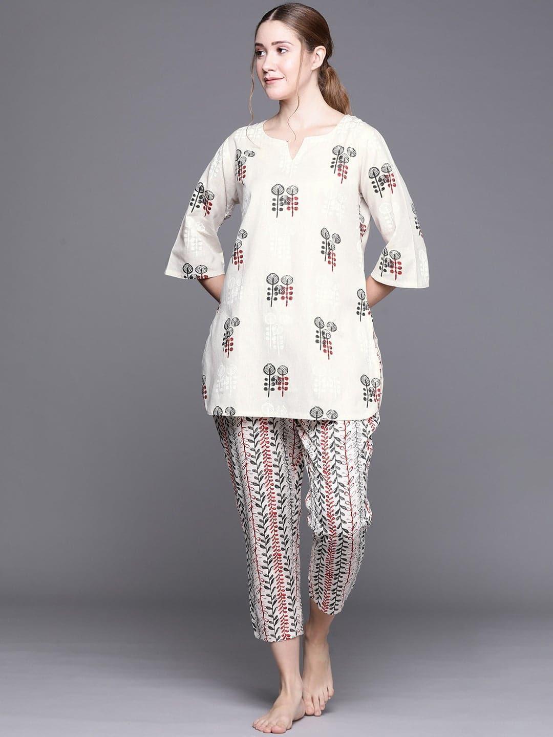 Beige Printed Cotton Night Suit - ShopLibas