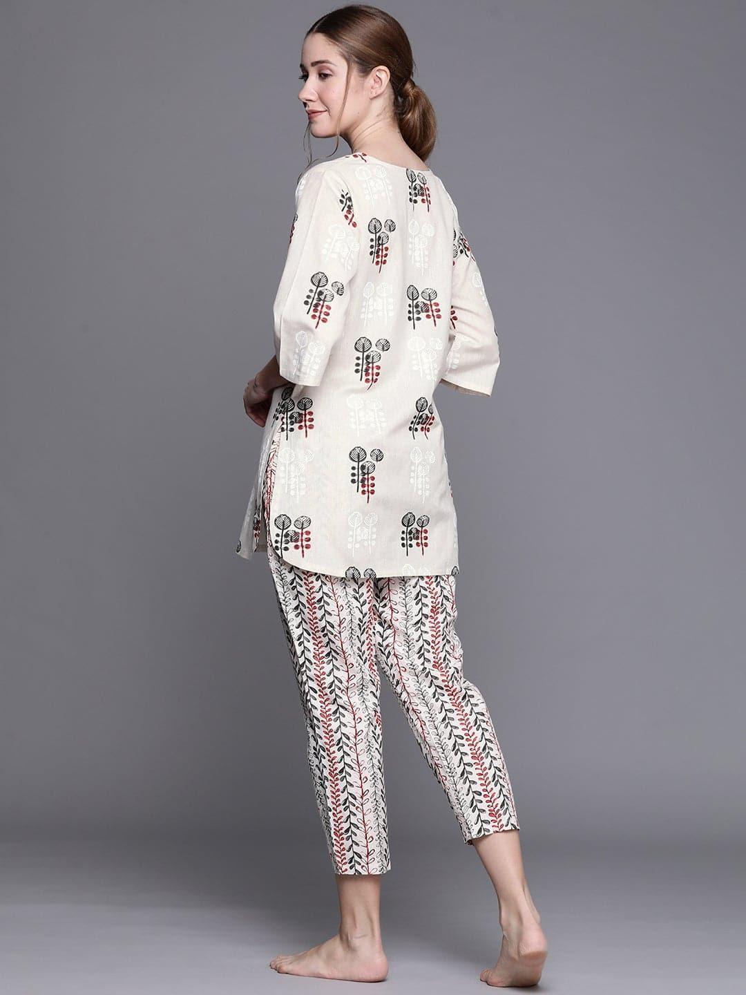 Beige Printed Cotton Night Suit - ShopLibas