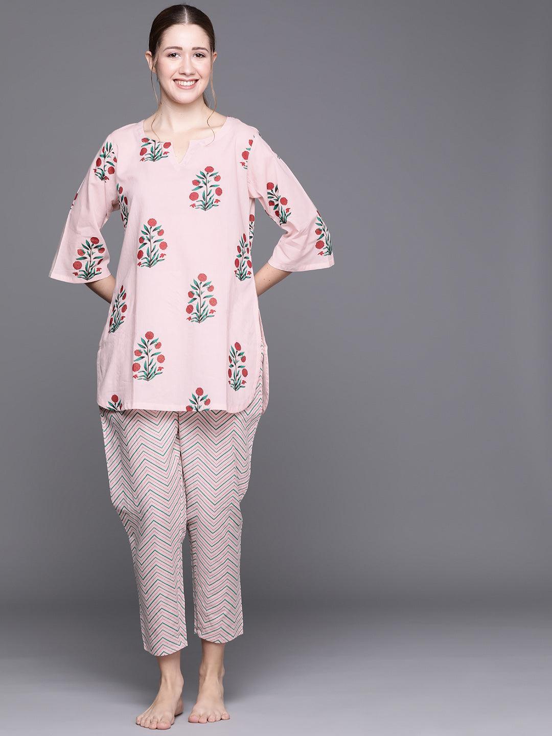 Pink Printed Cotton Night Suit - ShopLibas