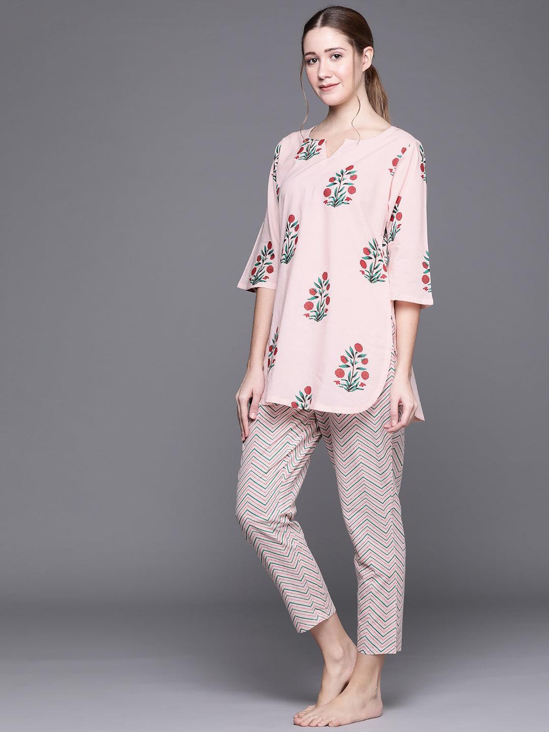 Pink Printed Cotton Night Suit - ShopLibas