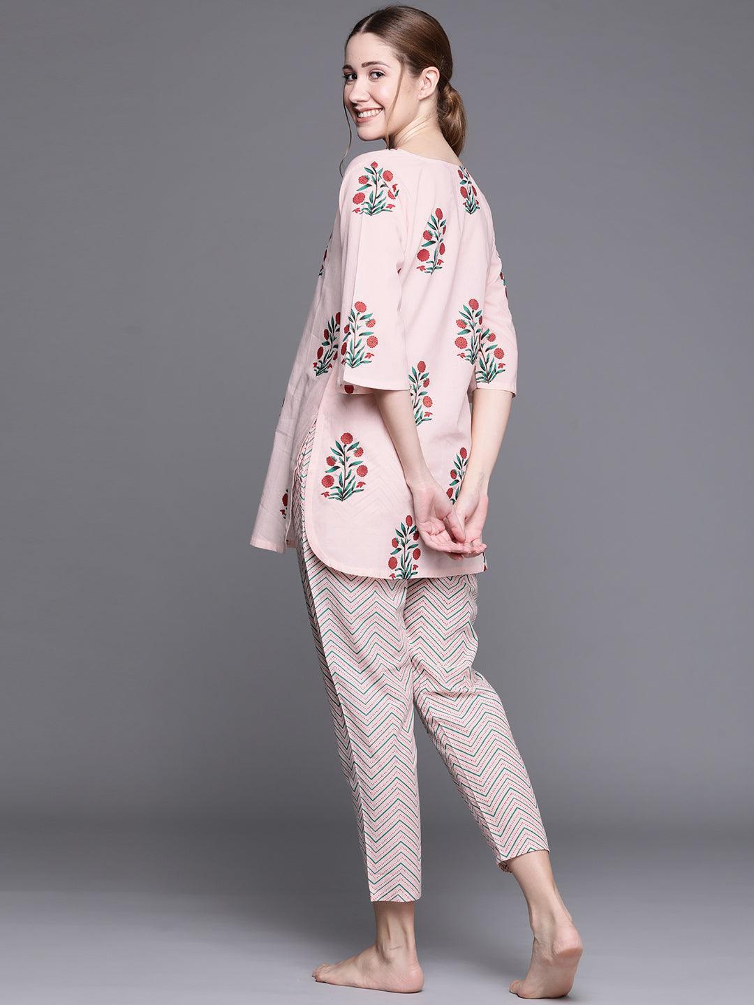 Pink Printed Cotton Night Suit - ShopLibas