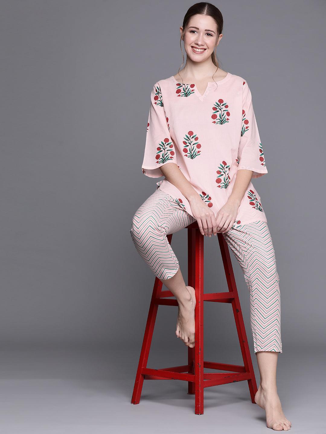 Pink Printed Cotton Night Suit - ShopLibas