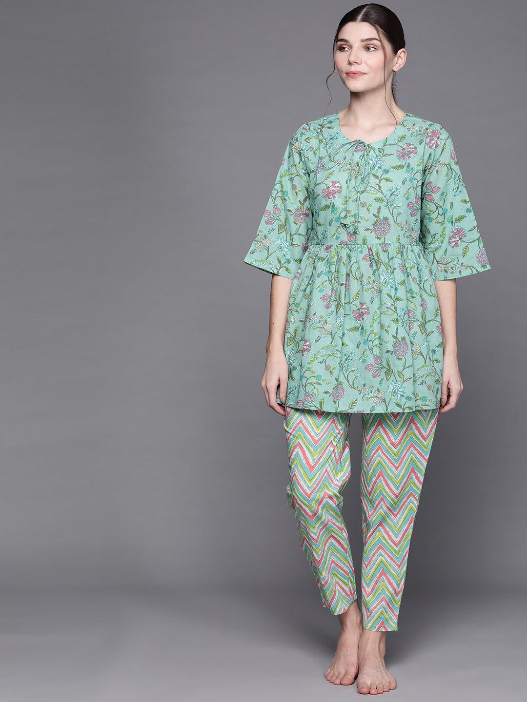 Green Printed Cotton Night Suit - ShopLibas