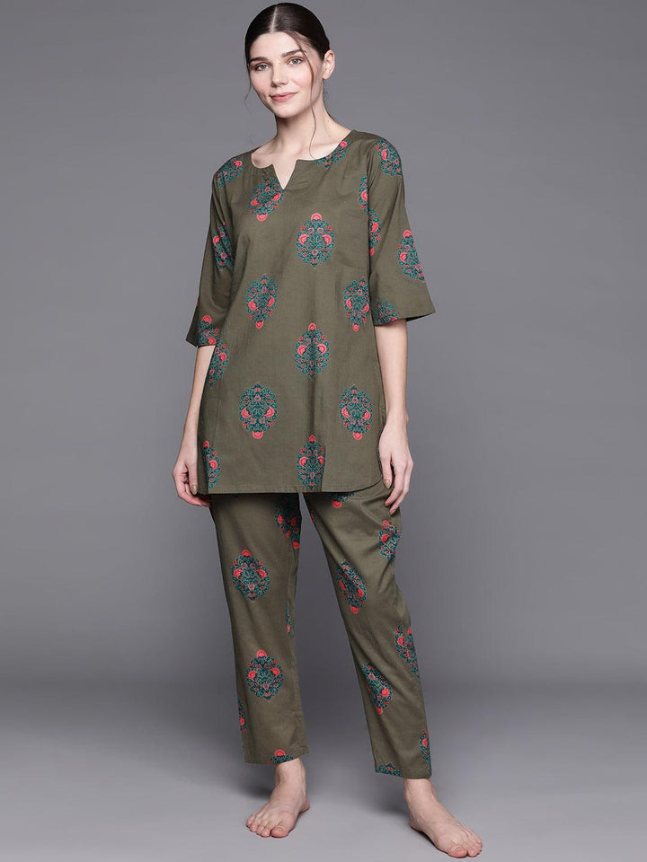 Olive Printed Cotton Night Suit - ShopLibas