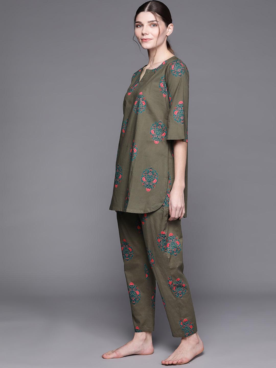 Olive Printed Cotton Night Suit - ShopLibas