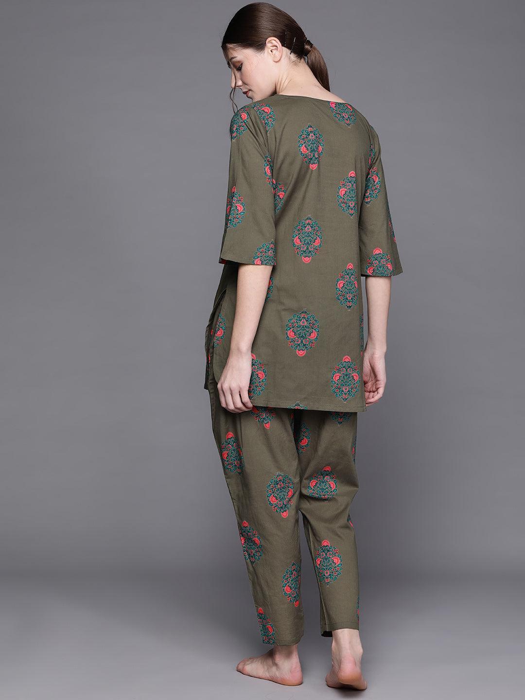 Olive Printed Cotton Night Suit - ShopLibas