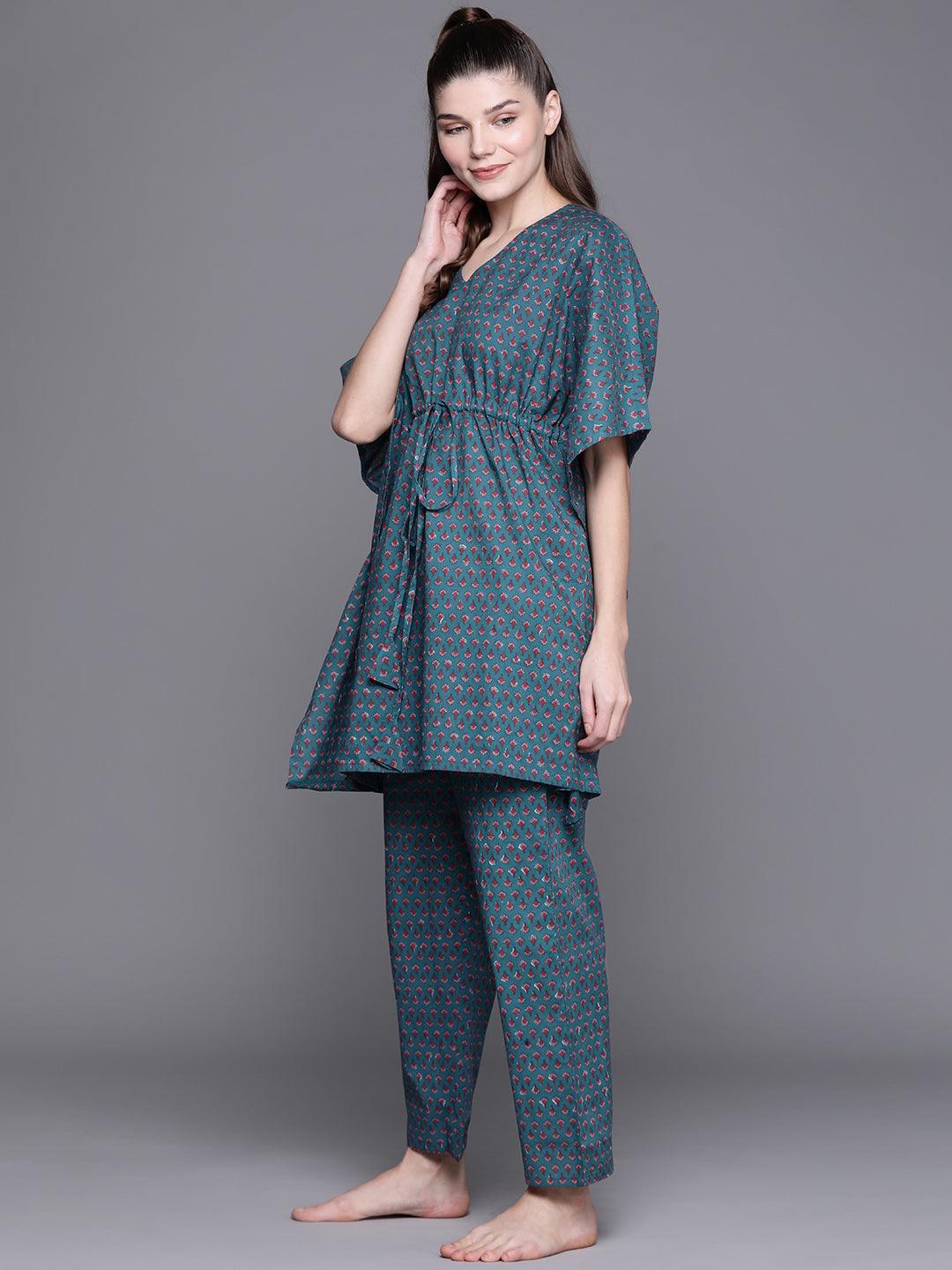 Blue Printed Cotton Night Suit