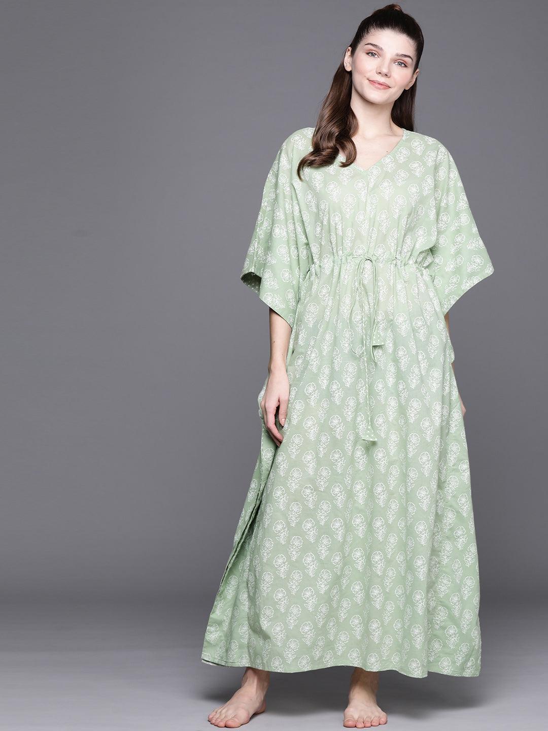 Green Cotton Printed Kaftan Nightdress