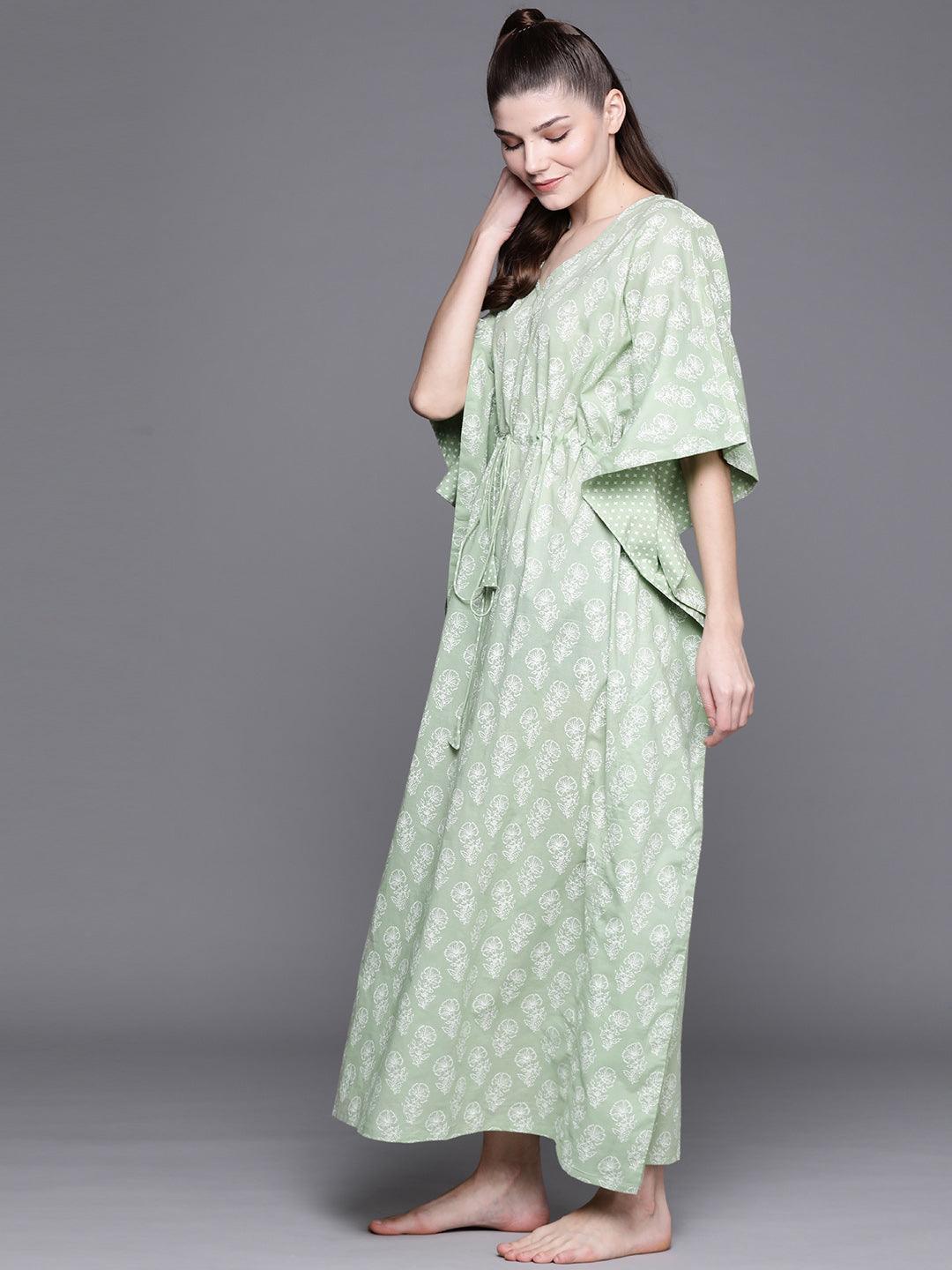 Green Cotton Printed Kaftan Nightdress