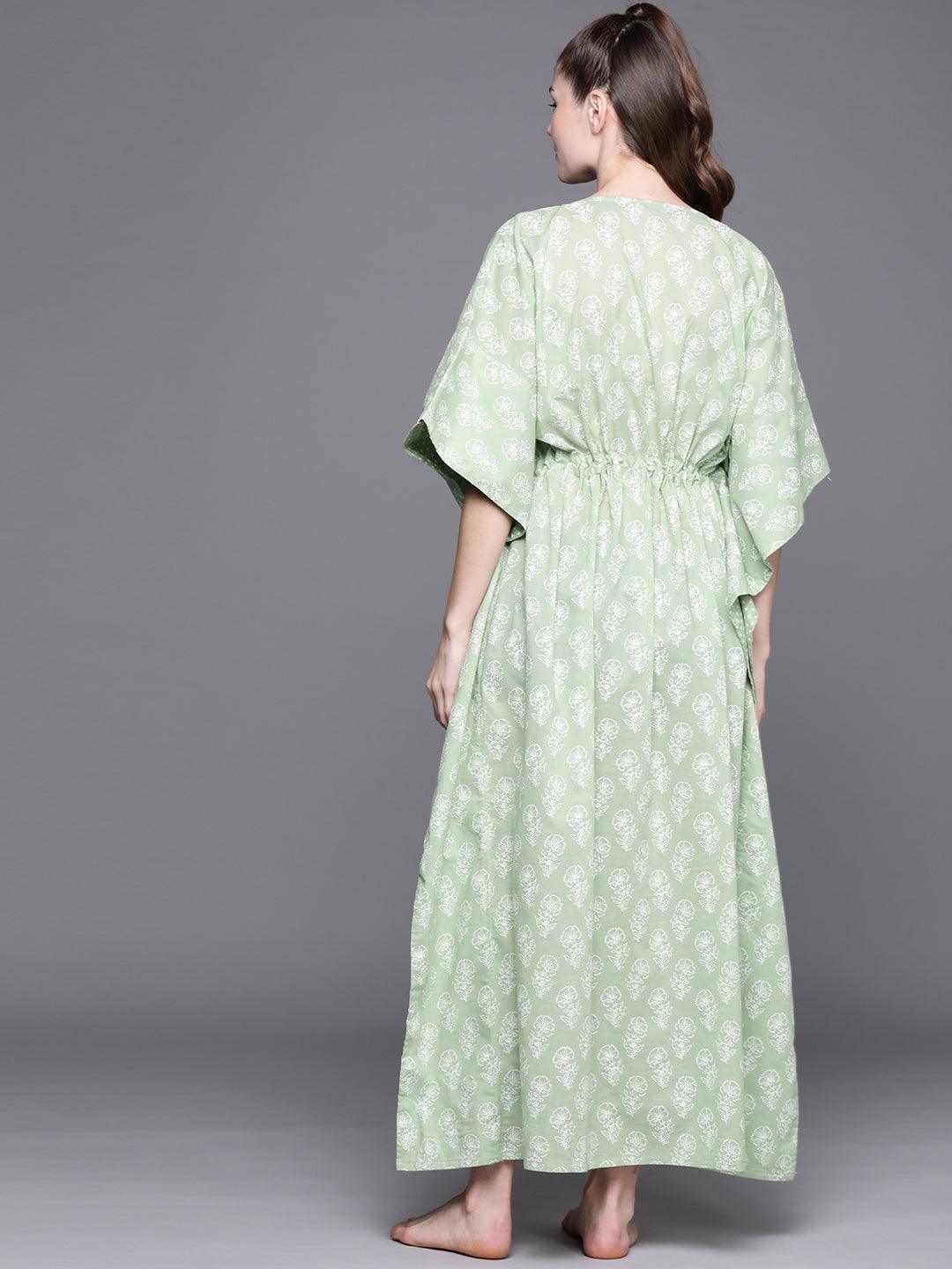 Green Cotton Printed Kaftan Nightdress