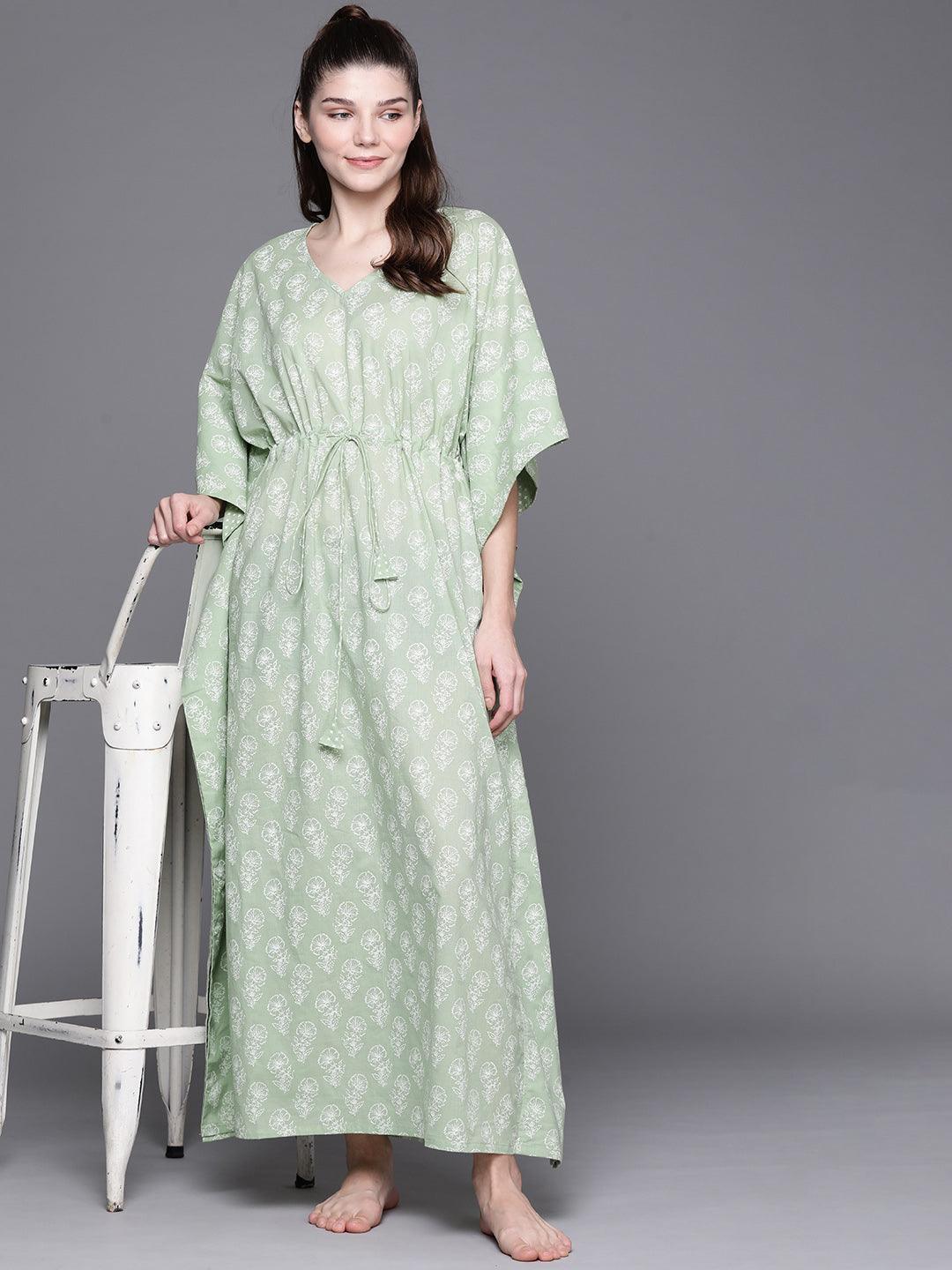 Green Cotton Printed Kaftan Nightdress