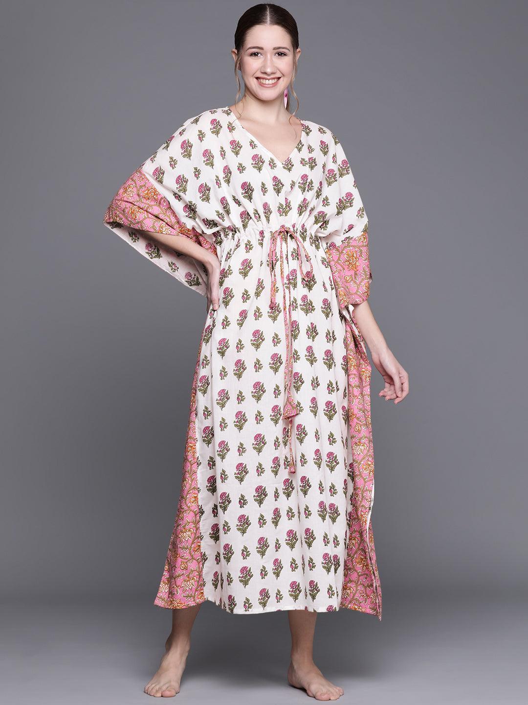 White Cotton Printed Kaftan Nightdress - ShopLibas