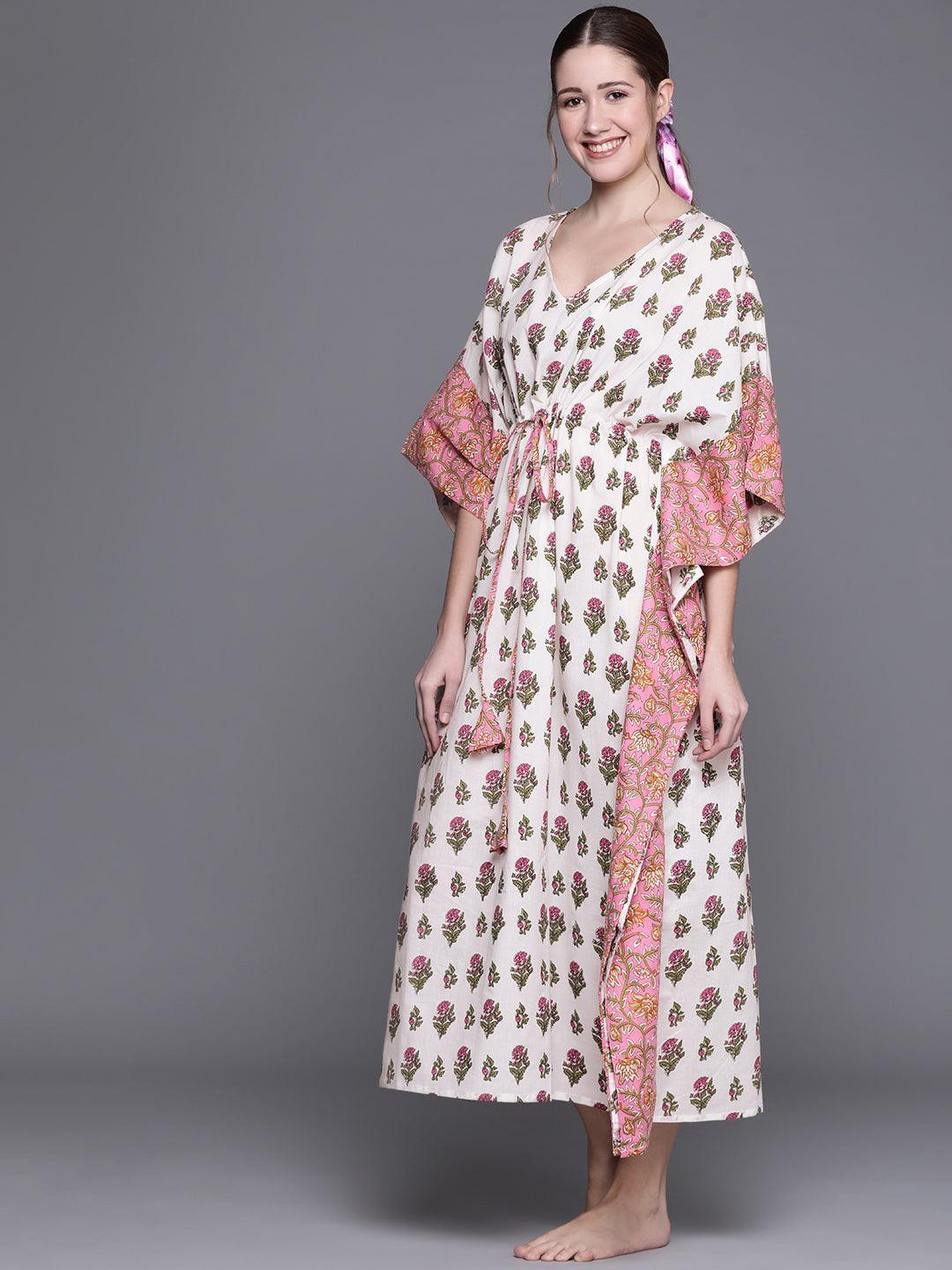 White Cotton Printed Kaftan Nightdress - ShopLibas