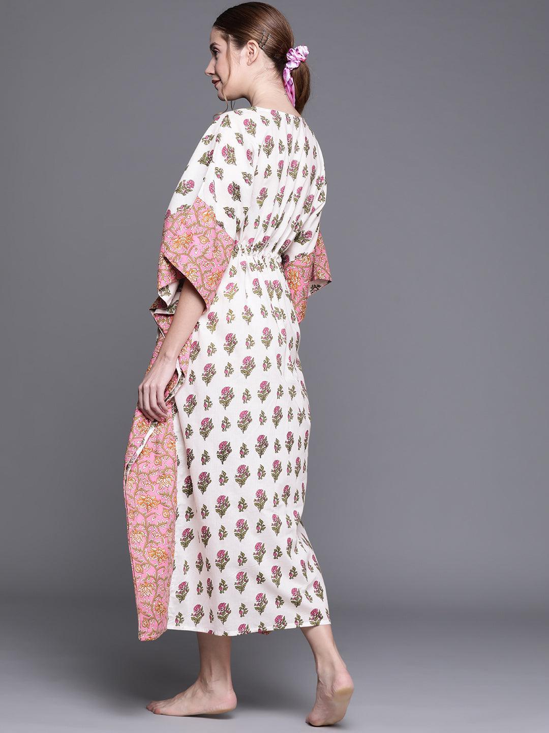 White Cotton Printed Kaftan Nightdress