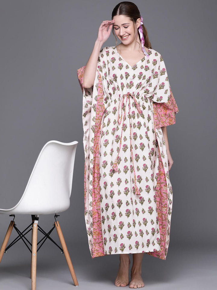 White Cotton Printed Kaftan Nightdress - ShopLibas