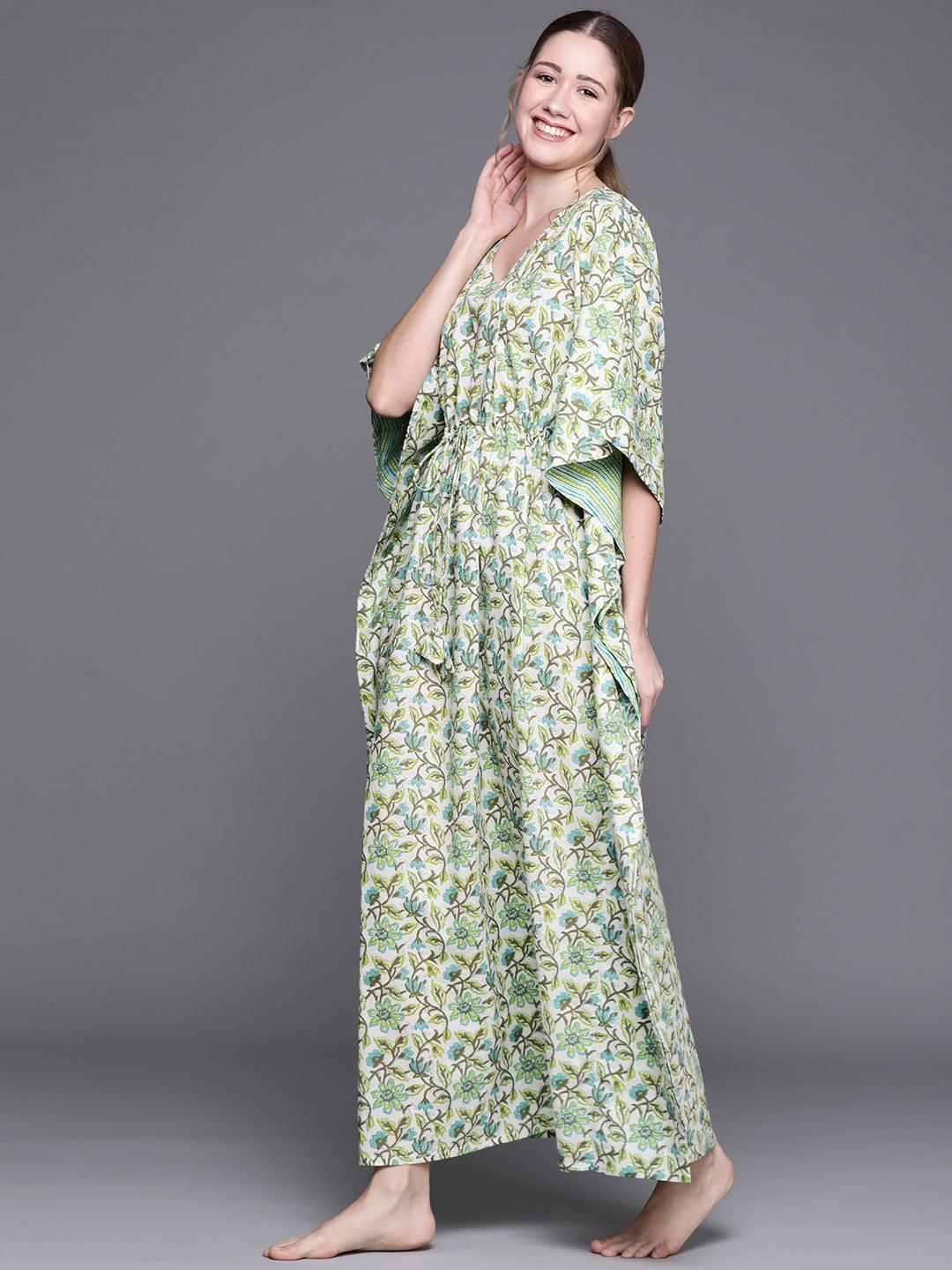 Green Cotton Printed Kaftan Nightdress