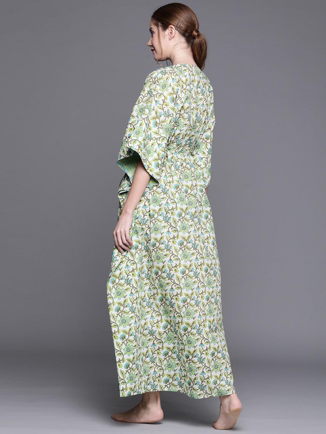 Green Cotton Printed Kaftan Nightdress