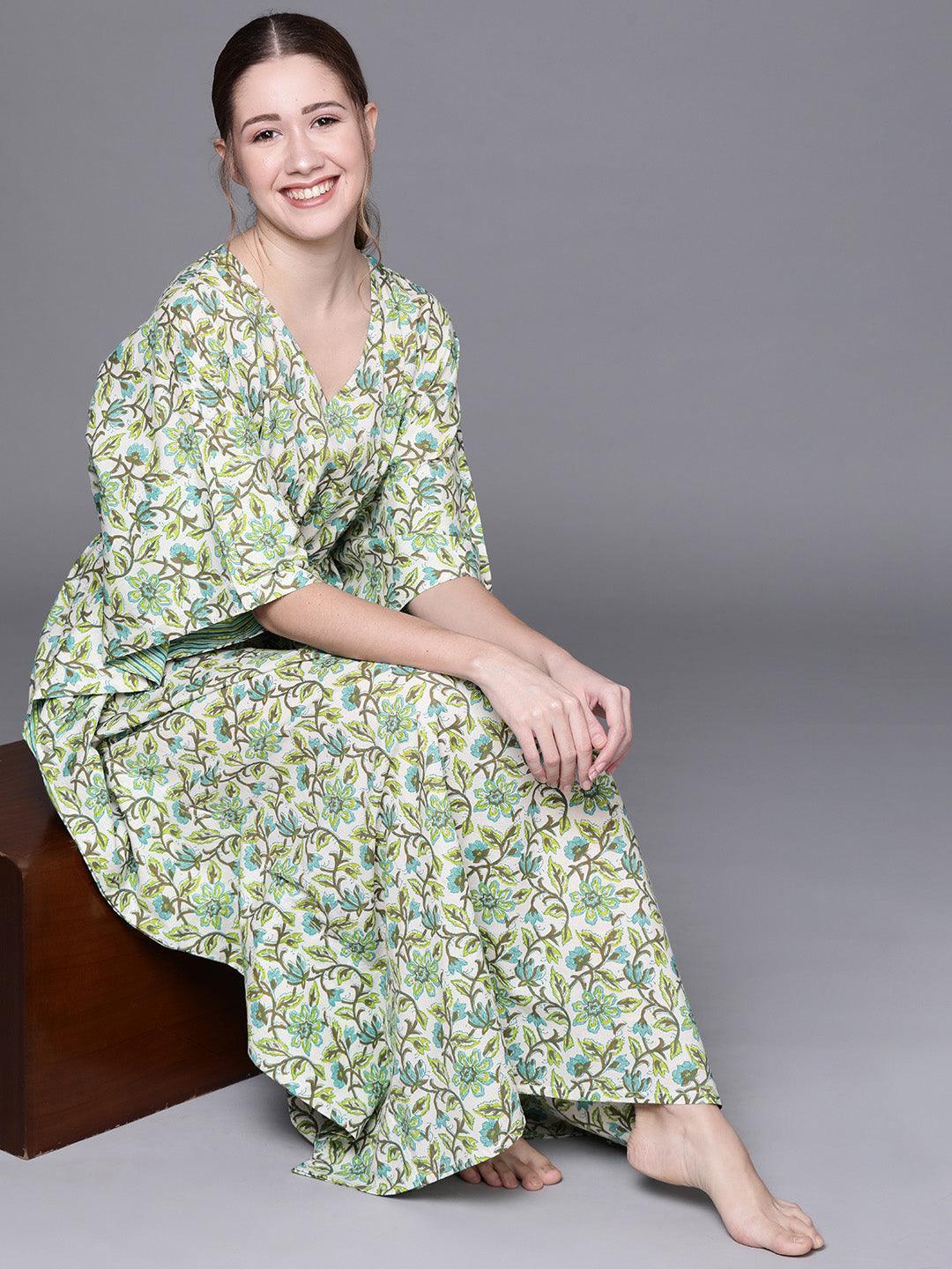 Green Cotton Printed Kaftan Nightdress