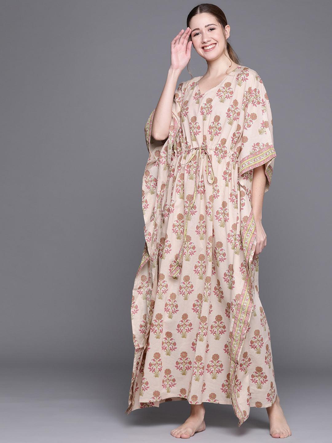 Peach Cotton Printed Kaftan Nightdress