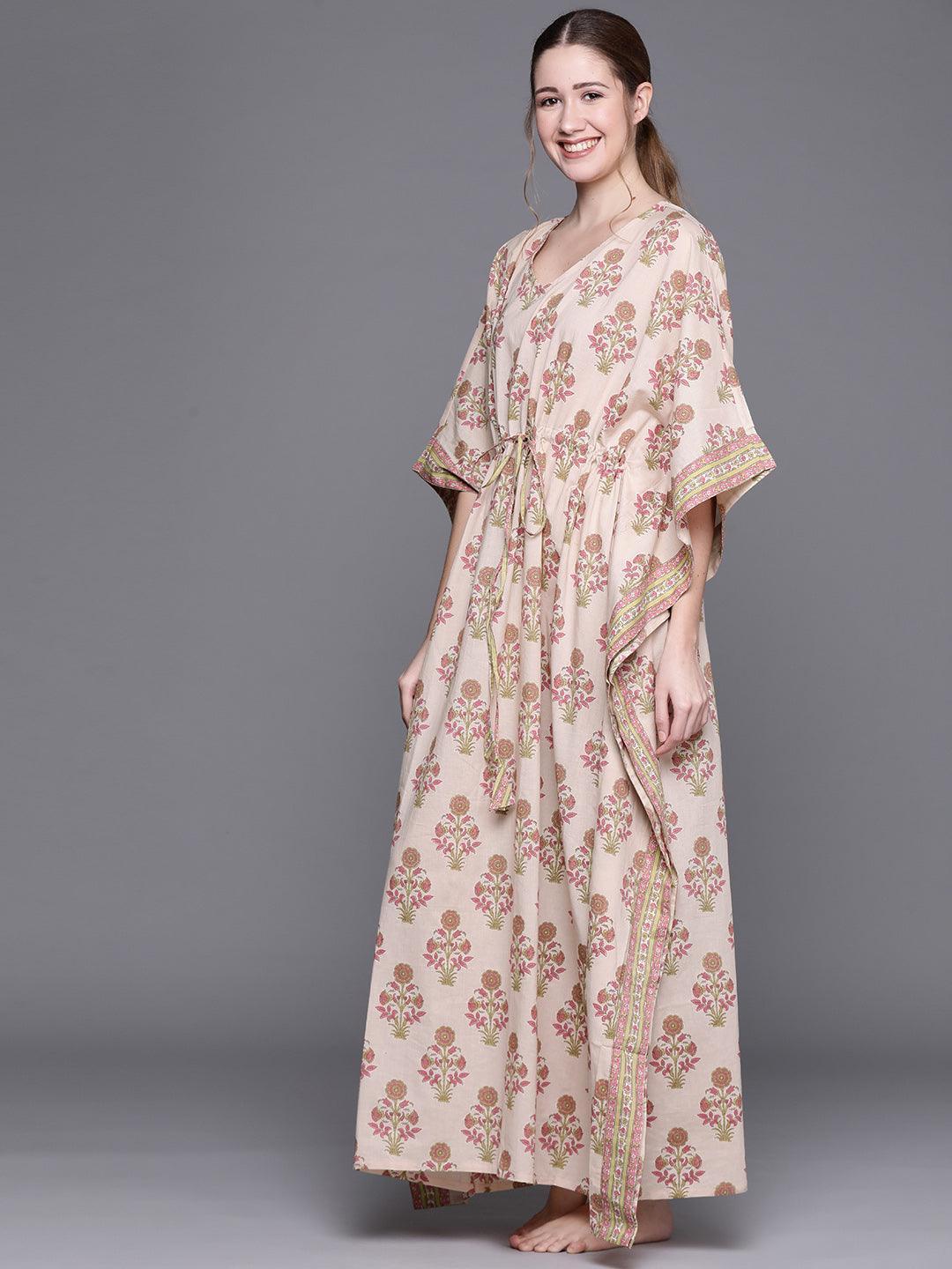 Peach Cotton Printed Kaftan Nightdress