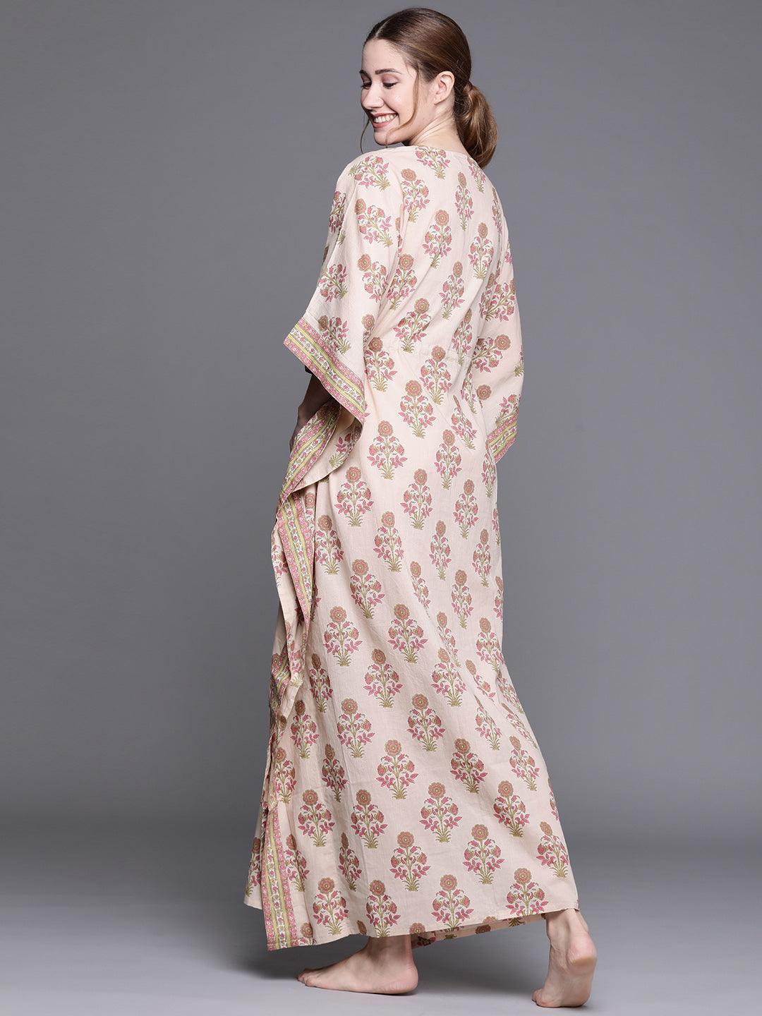 Peach Cotton Printed Kaftan Nightdress