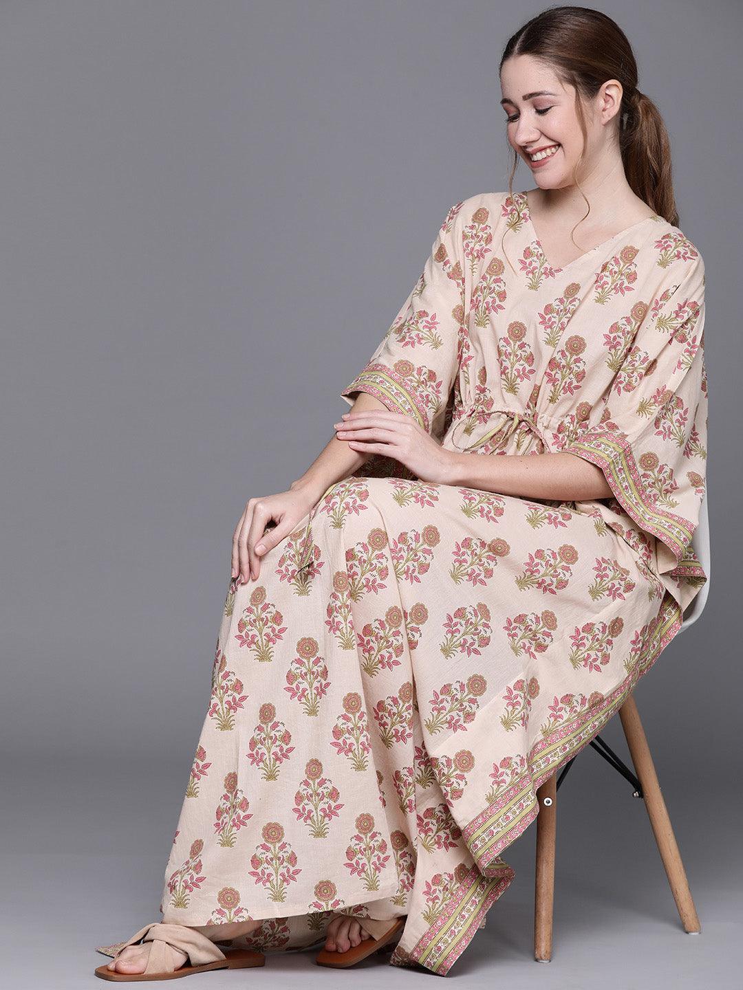 Peach Cotton Printed Kaftan Nightdress - ShopLibas