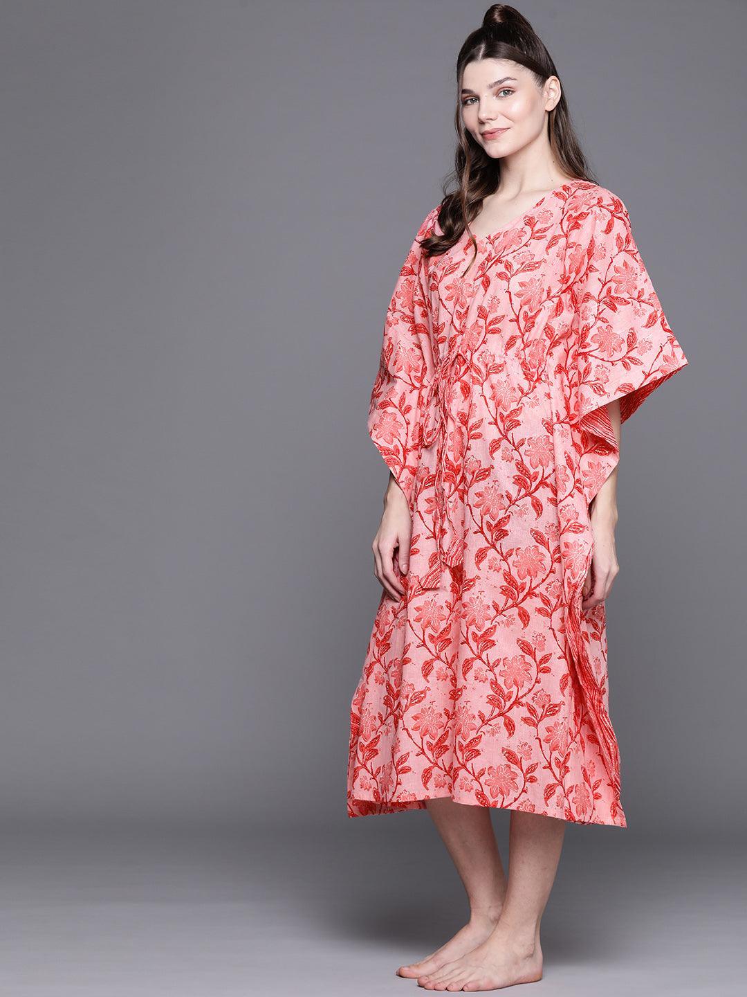 Pink Cotton Printed Kaftan Nightdress - ShopLibas