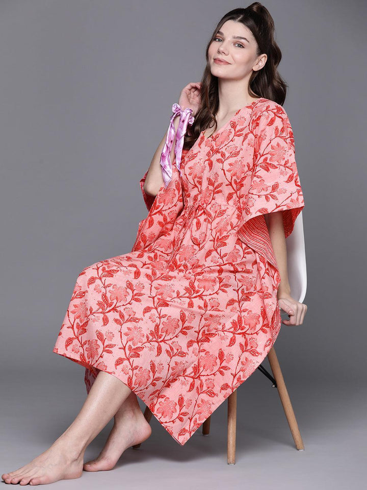 Pink Cotton Printed Kaftan Nightdress - ShopLibas