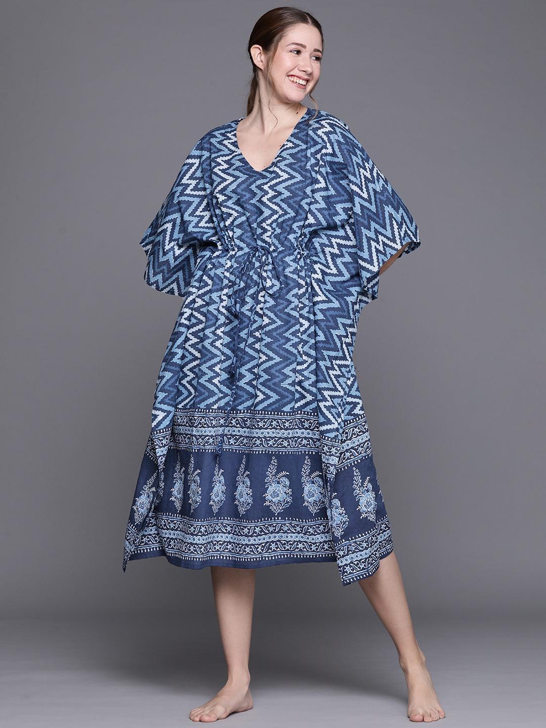 Blue Cotton Printed Kaftan Nightdress