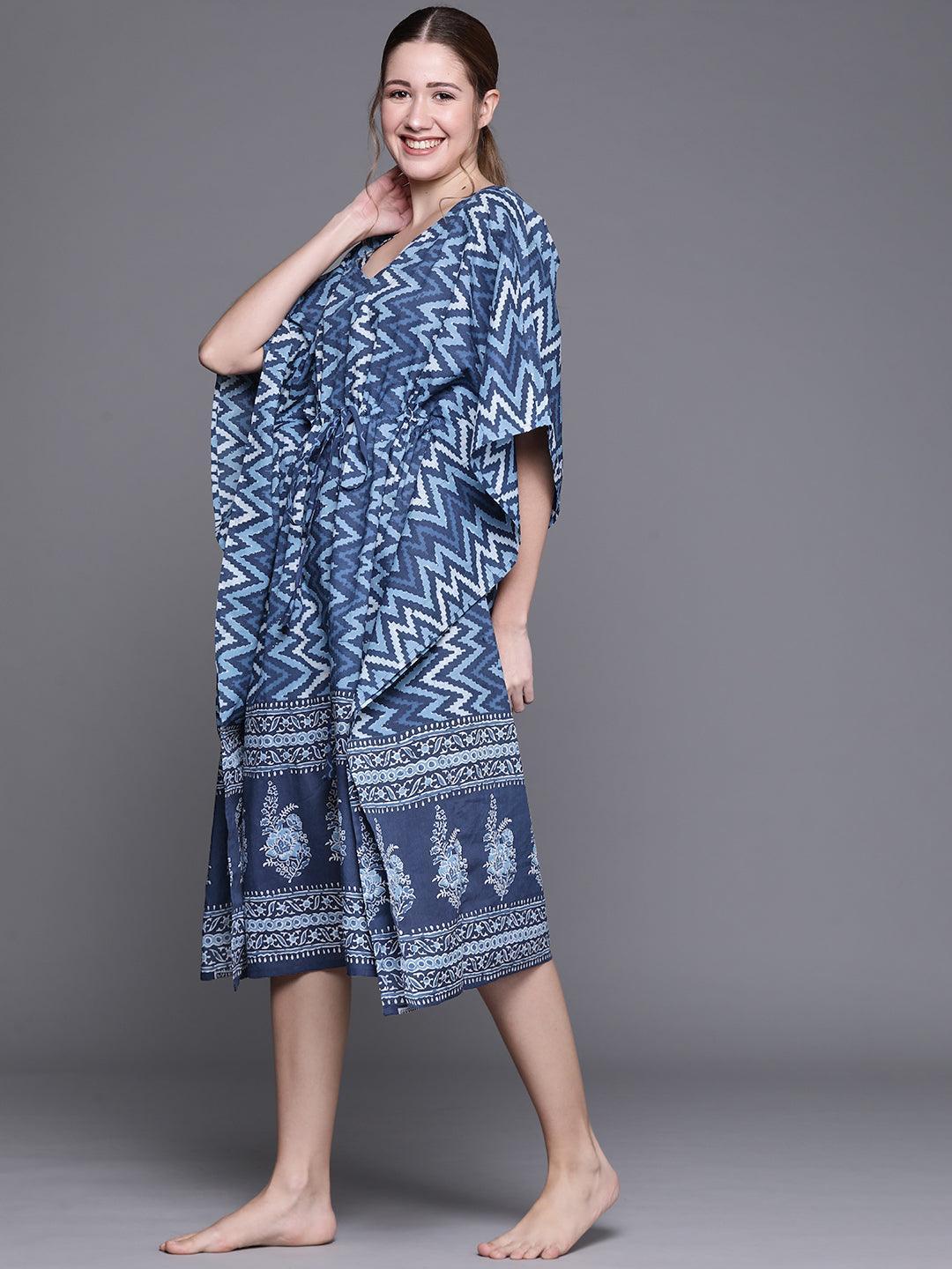 Blue Cotton Printed Kaftan Nightdress - ShopLibas