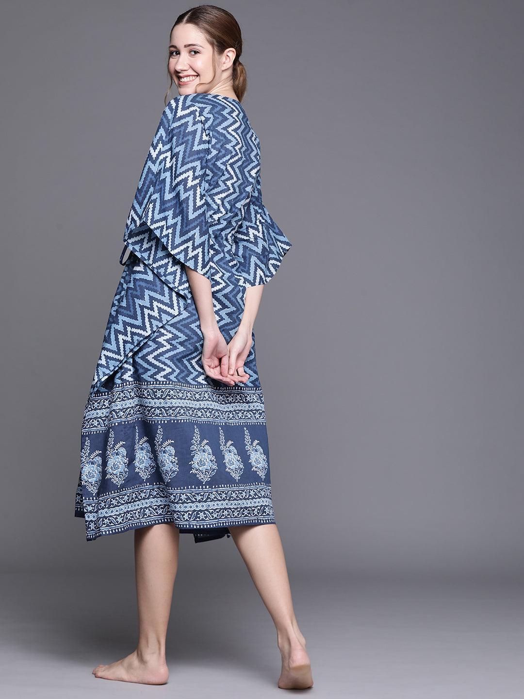 Blue Cotton Printed Kaftan Nightdress