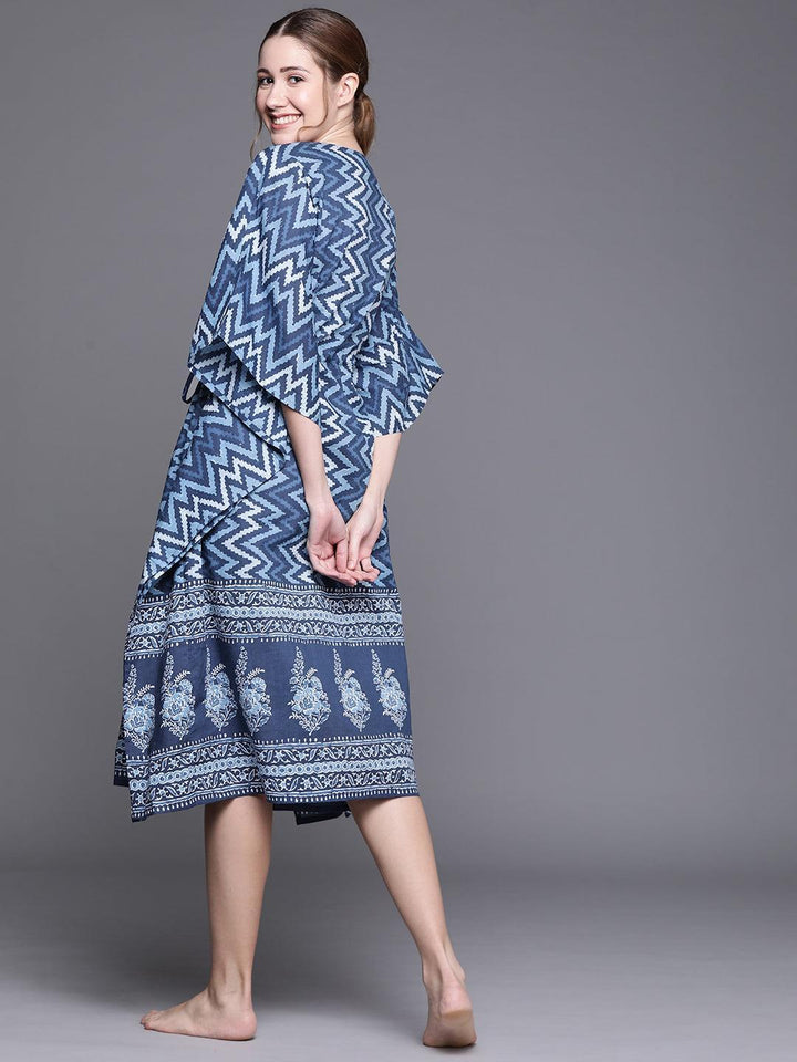 Blue Cotton Printed Kaftan Nightdress - ShopLibas